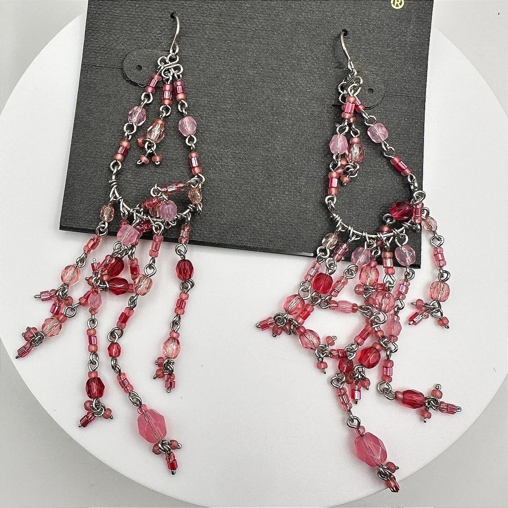 Vintage‎ 80s Silver Tone Pink Red Glass Bead Chandelier Dangle Earrings Jewelry